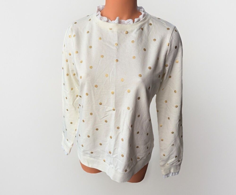 BODEN Women's Small Ivory Gold Metallic Polka Dot Crewneck Sweatshirt Sweater